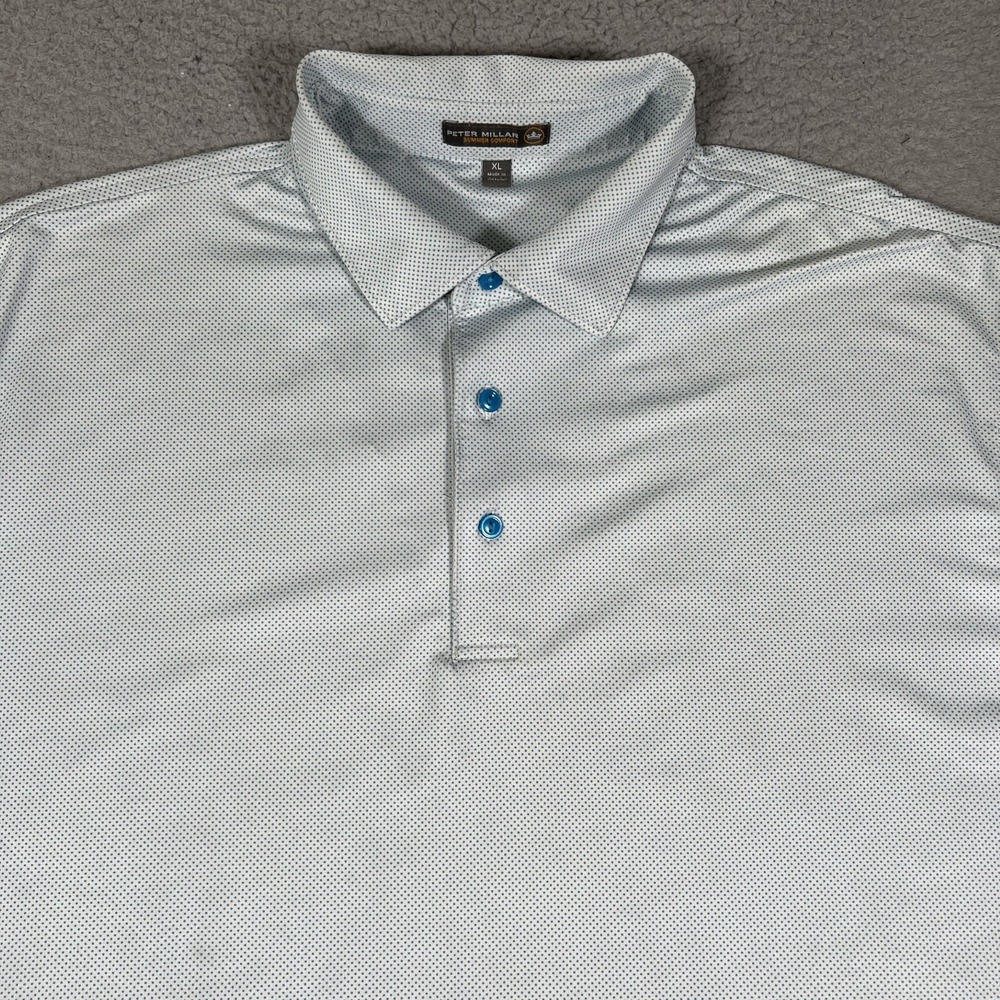 Peter Millar‎ Shirt Mens XL Blue Polka Dot Summer Comfort Golf Polo Logo Preppy